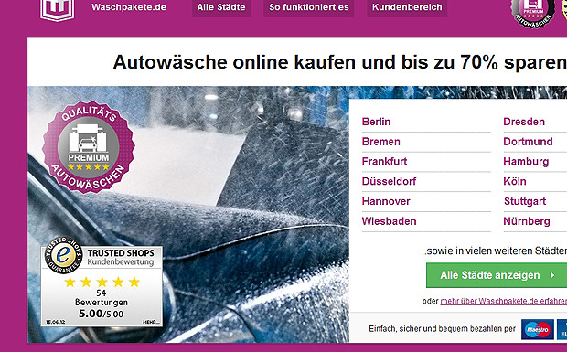 Bis zu 70 Prozent günstiger: Stuttgarter verkaufen Gutscheine für Autowäschen Die Internetseite von waschpaket.de.