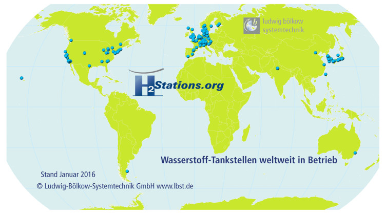 Statische Landkarten der Wasserstoff-Tankstellen (Welt, Europa, Deutschland, Nordamerika, Asien)