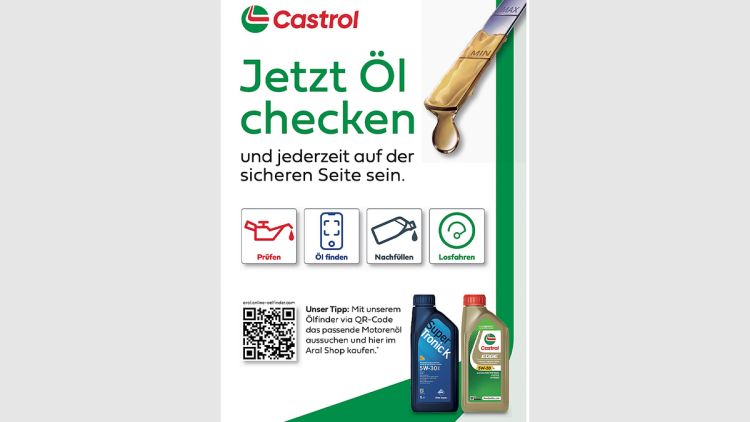 Über einen QR-Code auf den Plakaten können sie auf den Castrol Ölfinder zugreifen, das passende Motorenöl auswählen und es im Aral-Shop erwerben.
