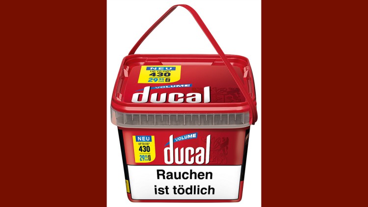 Ein roter Eimer mit Ducal Tabak.