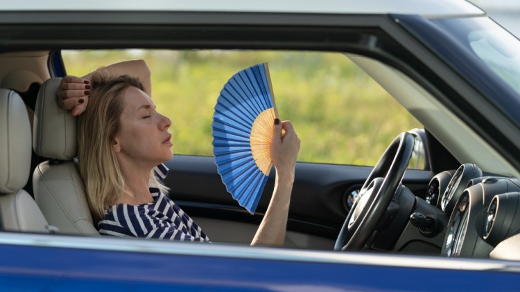 Frau mit Fächer im Auto