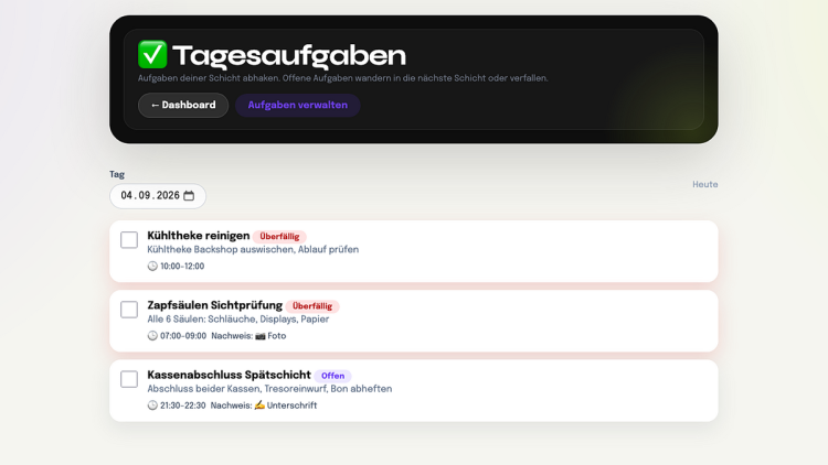Schichtly Tagesaufgaben